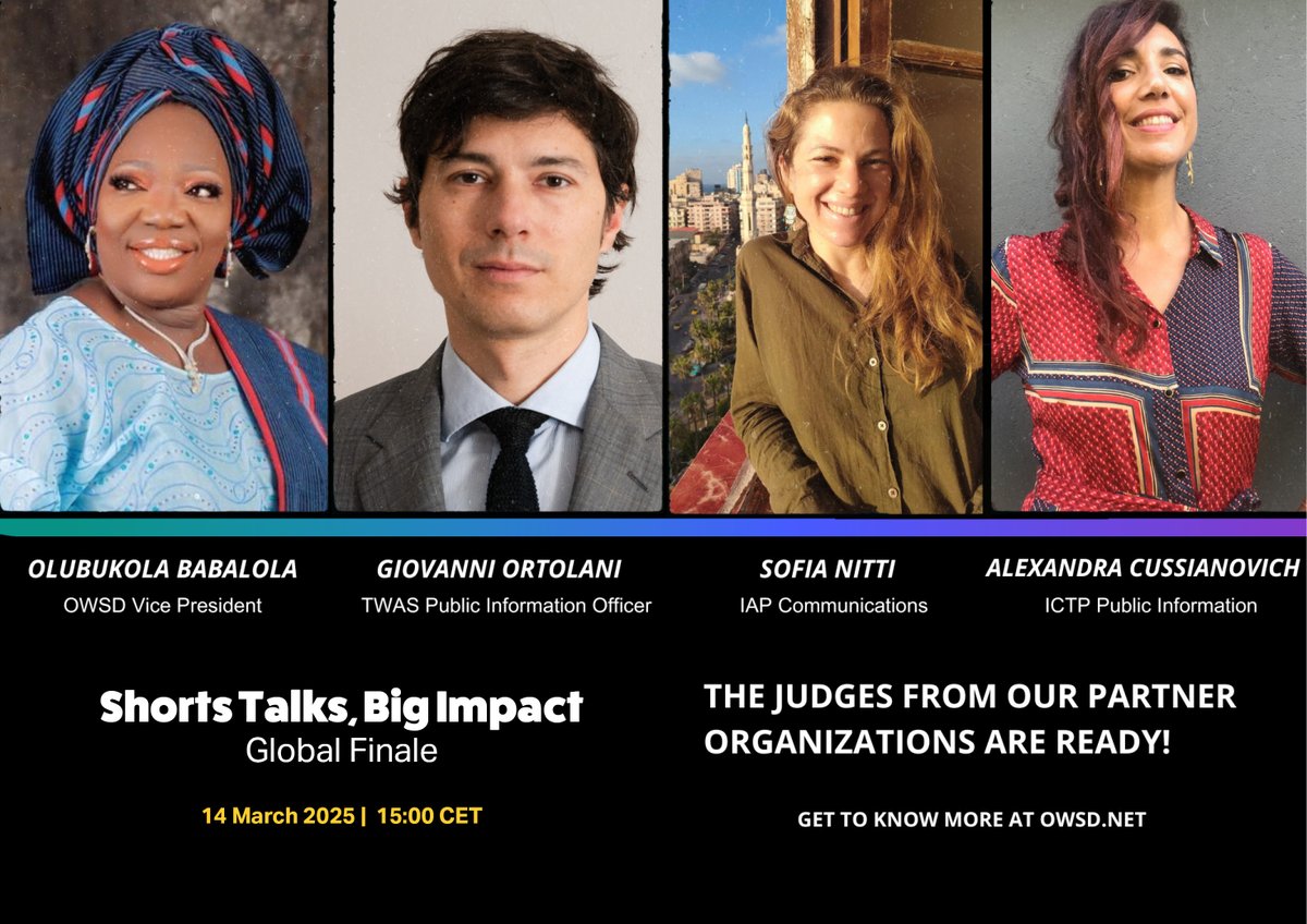 Org. for Women in Science for the Developing World (@owsdsecretariat) on Twitter photo Meet the judges for our Short Talks, Big Impacts global finale this Friday! OWSD's Vice President for Africa will join OWSD's partners from <a href="/TWASnews/">TWAS - The World Academy of Sciences</a>, <a href="/IAPartnership/">InterAcademy Partnership (IAP) 🌍 #science #health</a> & <a href="/ictpnews/">ICTP</a> to select the winner of the competition along w/ a voting audience. Register @ bit.ly/STBIFinale Meet the judges for our Short Talks, Big Impacts global finale this Friday! OWSD's Vice President for Africa will join OWSD's partners from <a href="/TWASnews/">TWAS - The World Academy of Sciences</a>, <a href="/IAPartnership/">InterAcademy Partnership (IAP) 🌍 #science #health</a> & <a href="/ictpnews/">ICTP</a> to select the winner of the competition along w/ a voting audience. Register @ bit.ly/STBIFinale