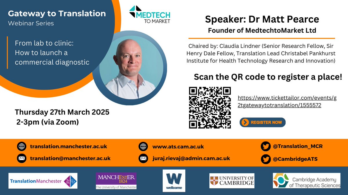 CambridgeATS (@cambridgeats) on Twitter photo Join us this March for an insightful Gateway to Translation (G2T) Webinar!
Dr Matt Pearce, Founder of <a href="/medtechtomarket/">Medtechtomarket Ltd</a> Ltd, will present: "From Lab to Clinic: How to Launch a Commercial Diagnostic"
Time: 27/03/25
Date: 2-3PM
Register here: tickettailor.com/events/g2tgate… Join us this March for an insightful Gateway to Translation (G2T) Webinar!
Dr Matt Pearce, Founder of <a href="/medtechtomarket/">Medtechtomarket Ltd</a> Ltd, will present: "From Lab to Clinic: How to Launch a Commercial Diagnostic"
Time: 27/03/25
Date: 2-3PM
Register here: tickettailor.com/events/g2tgate…