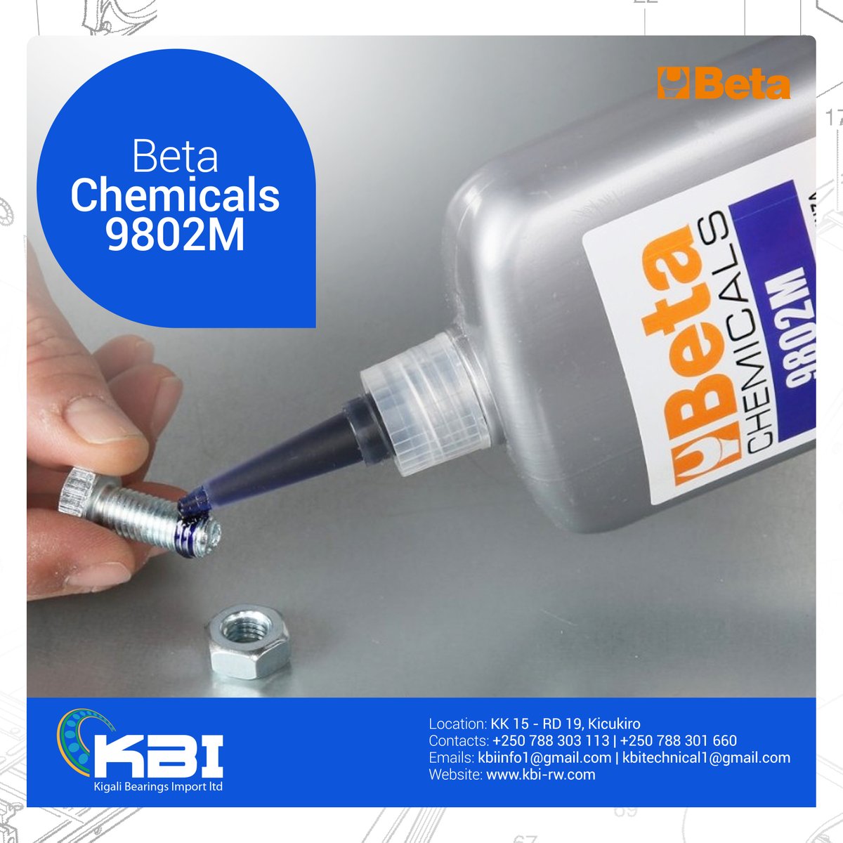 KBIRwanda's tweet image. Ensure vibration resistance &amp;amp; long-term reliability with Beta Chemicals 9802M Threadlocker! Prevent loosening, leakage &amp;amp; corrosion—ideal for industrial, automotive &amp;amp; mechanical use. Get yours at Kigali Bearings Import Ltd! #Threadlocker #Beta #Chemicals #Kigali #Bearings