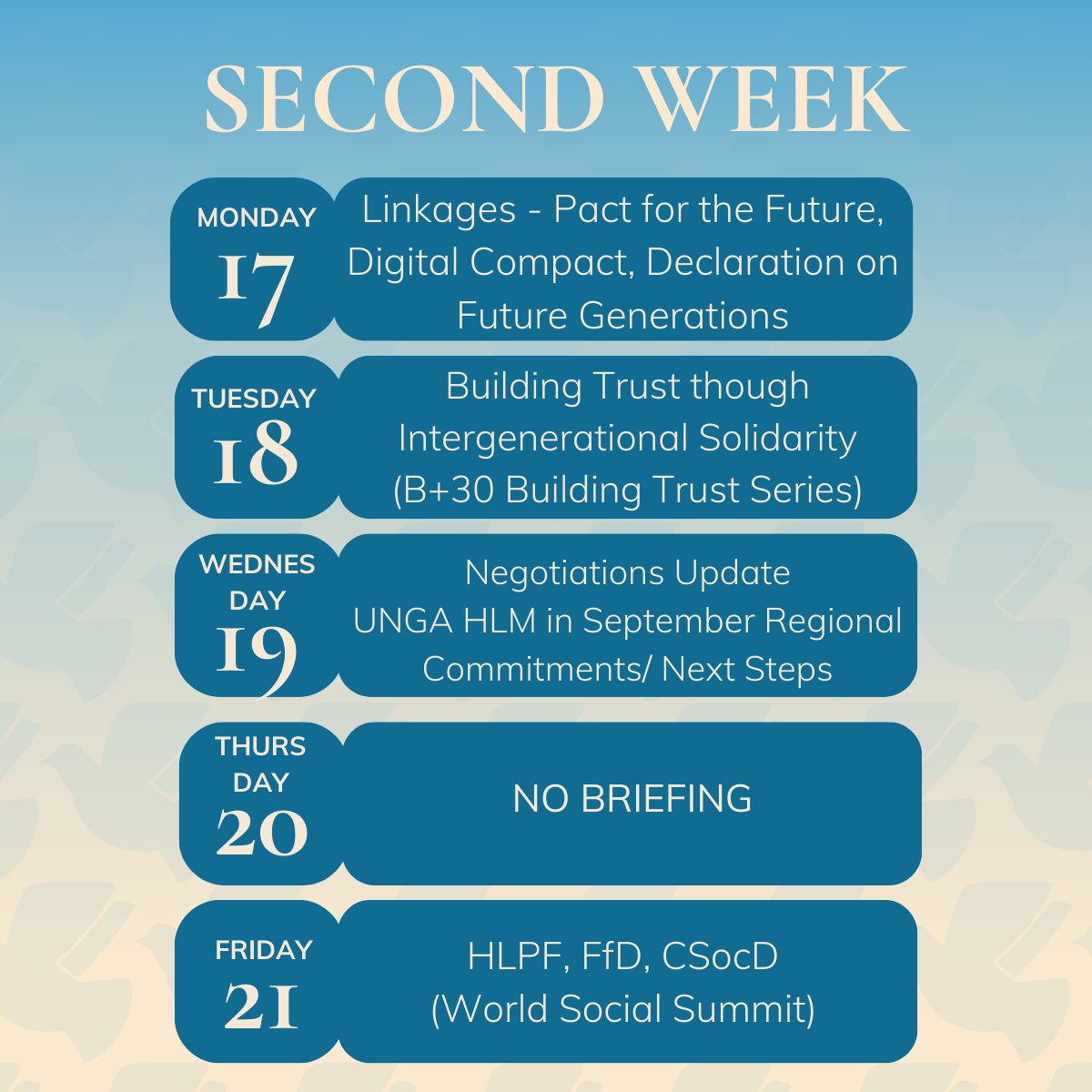 Attend the Civil Society Briefings! 💼💬

📅 Every day (except Thursday 20 March)
⏰ 1:30 - 2:15 pm
🗺️ UN Conference Room 4 or UN Web TV

#NGOCSW69 #CSO #CSW69 #impact #genderequality #negotiation #advocate