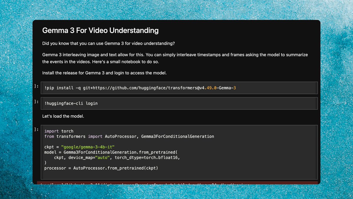 Gemma 3 can understand videos, and it's more powerful than you think it is ⏯️

I put together a short notebook on interleaving frames and doing video inference 📖

you're welcome 🤝