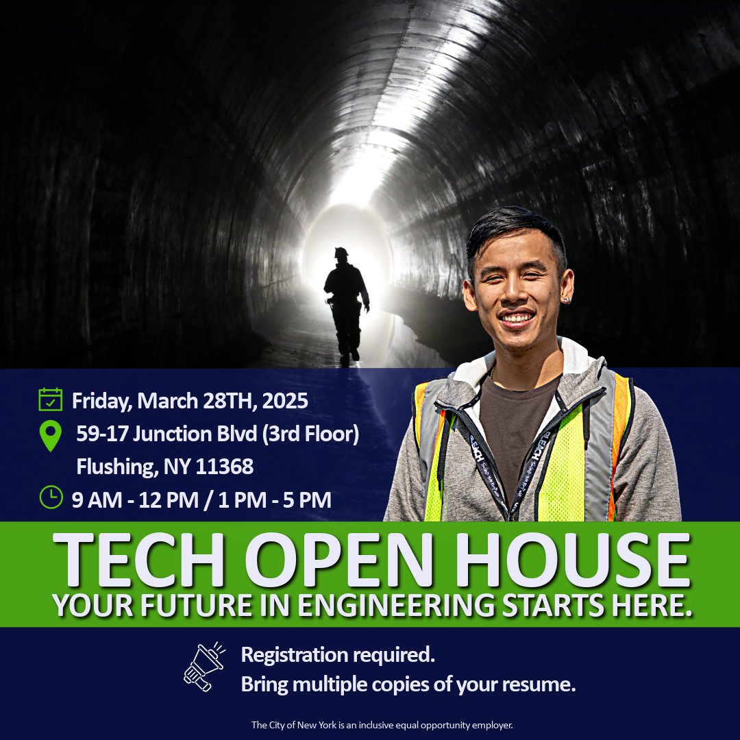 📣Calling all engineering grads and undergrads! 
🗓️Mark your calendars because DEP is hosting an in-person Technical Open House to connect YOU with the chance to contribute to NYC's world-famous water infrastructure!
Register here: on.nyc.gov/4knjw6V