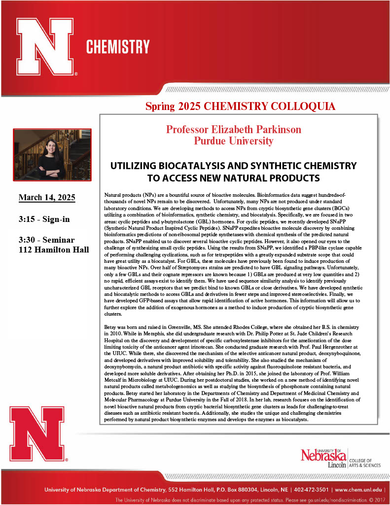 This Friday, March 14, we have Professor Elizabeth Parkinson from Purdue University joining us as our seminar speaker! Seminar begins at 3:30pm in room 112 Hamilton Hall