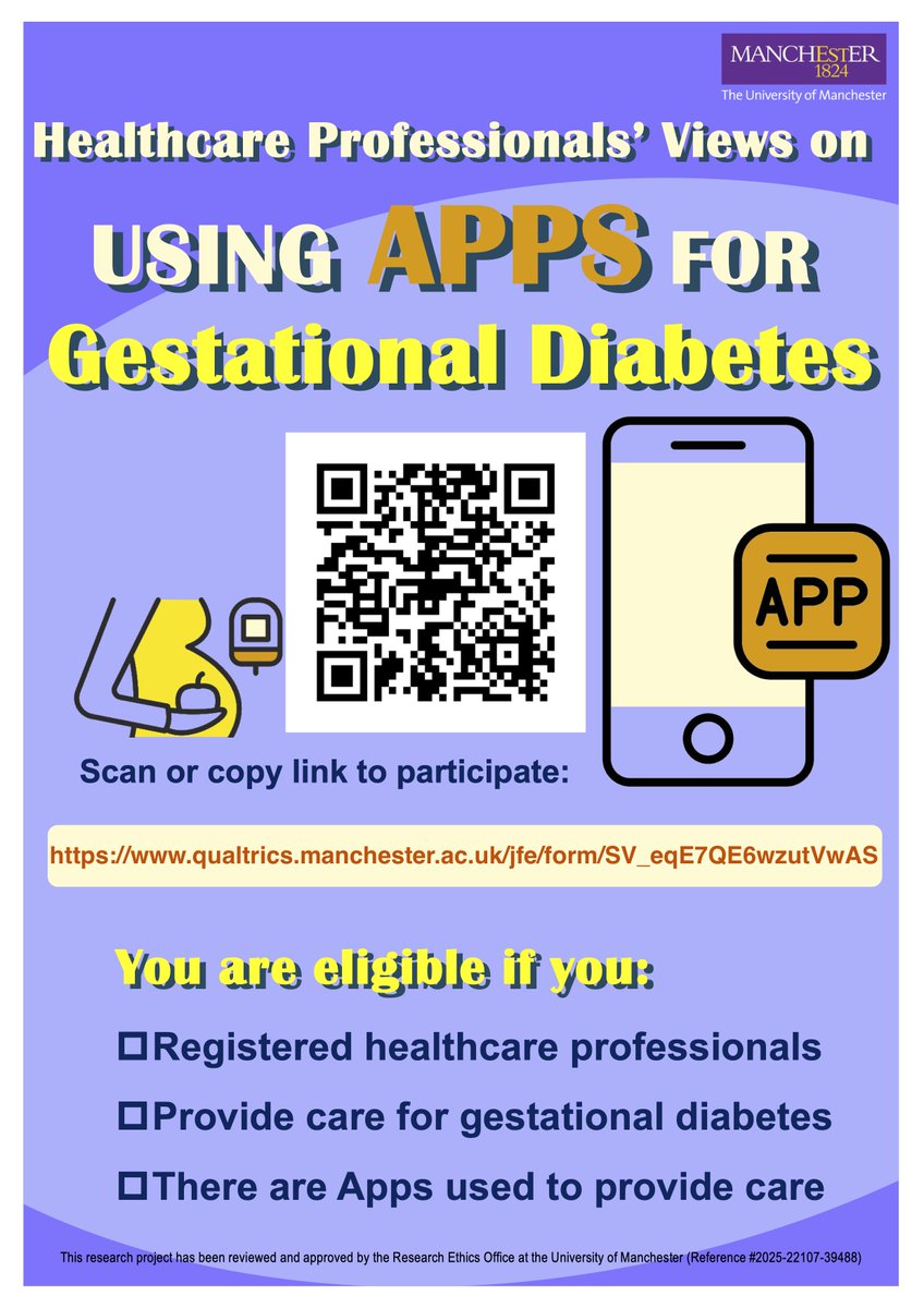 Participate in survey research for healthcare professionals! You are eligible if there are any apps used in your practice to provide care for gestational diabetes. Join our 10-minute anonymous survey! 
Take the survey here:
qualtrics.manchester.ac.uk/jfe/form/SV_eq…
#midwife #obstetritian #mhealth