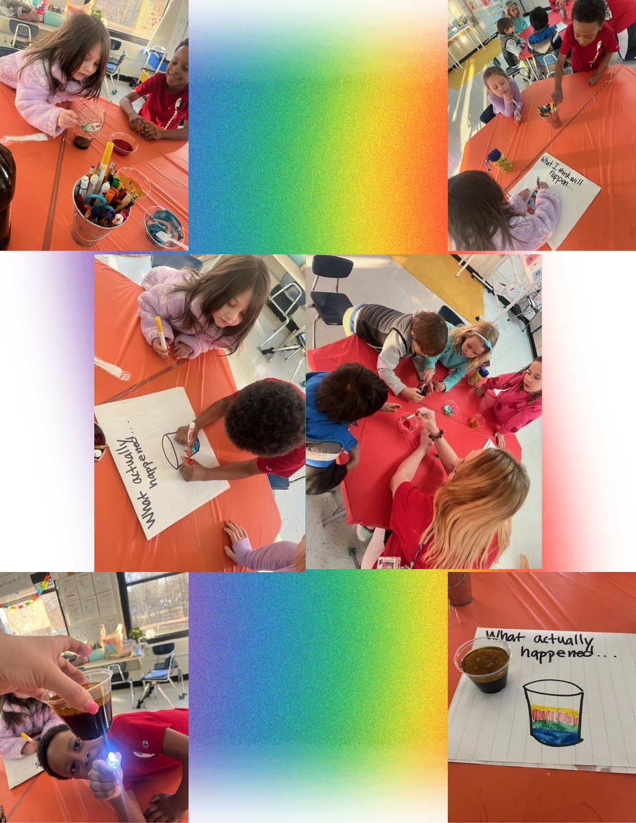 Kindergarten students spent the week learning about rainbows. They made a rainbow in a cup and studied the different densities of the liquids and how they were able to build a rainbow of colors in a cup without the colors mixing together.