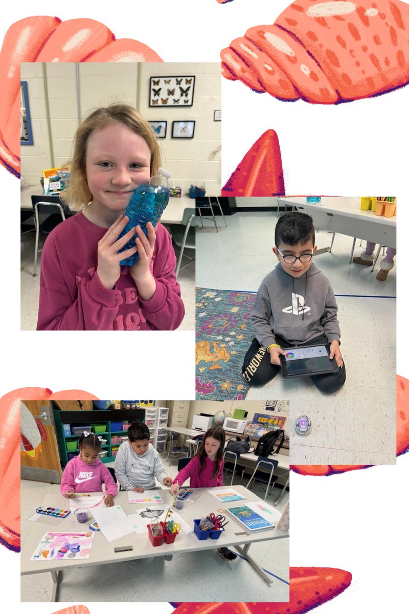 3rd grade students are exploring the deep sea by creating jellyfish divers, coding rolling sea robots and painting in beautiful watercolors as backgrounds to their sea animals.