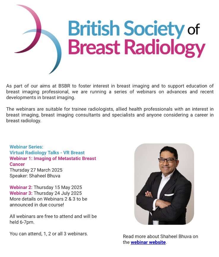 Head over to delegate-reg.co.uk/bsbrweb25 to book your place on our FREE webinar series starting with the fantastic Dr Shaheel Bhuva who will be speaking on ‘Imaging of Metastatic Breast Cancer’ on Thursday 27th March at 6pm