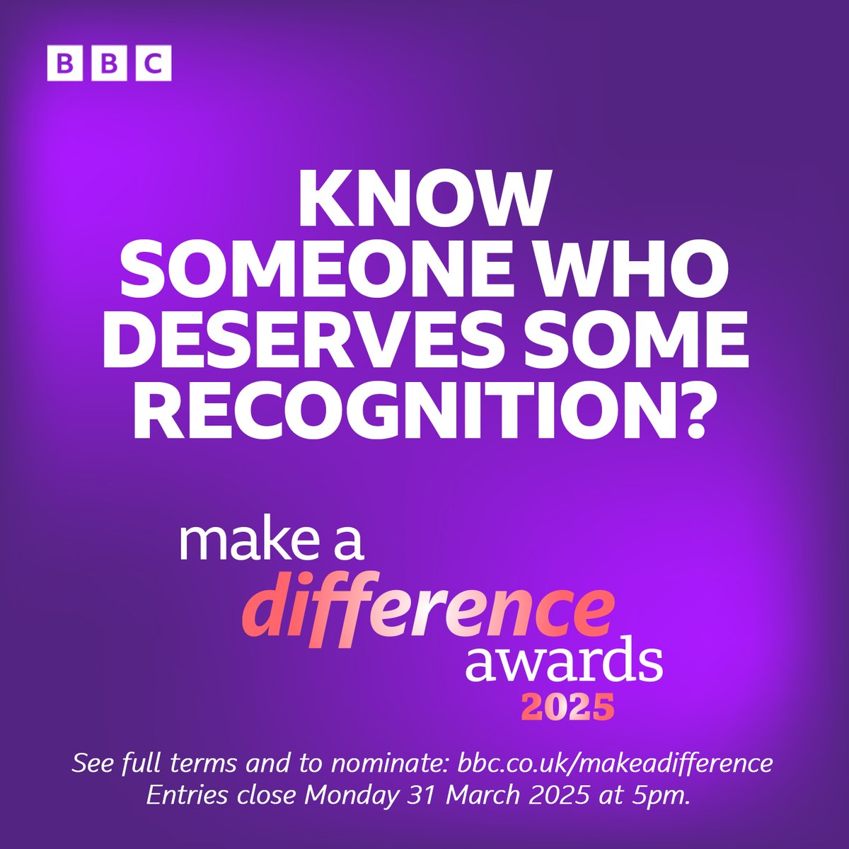 Know a young person under 16 who has made a positive impact in their community?

Give them some recognition and nominate them for a #BBCMakeADifference award.

Full list of categories and our terms: bbc.in/makeadifference

⏰ Nominations are open until 5pm Monday 31 March 2025