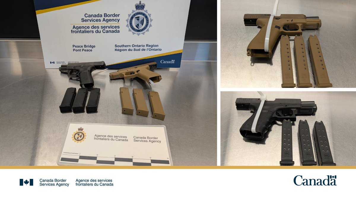 #CBSA officers at Ambassador, Peace &amp; Rainbow Bridge ports of entry seized 3 firearms, 13 magazines, 4 prohibited knives &amp; a stun gun from US residents. Over $6K in penalties were issued &amp; subjects were returned to the US. #WeeklyWeaponsWrap