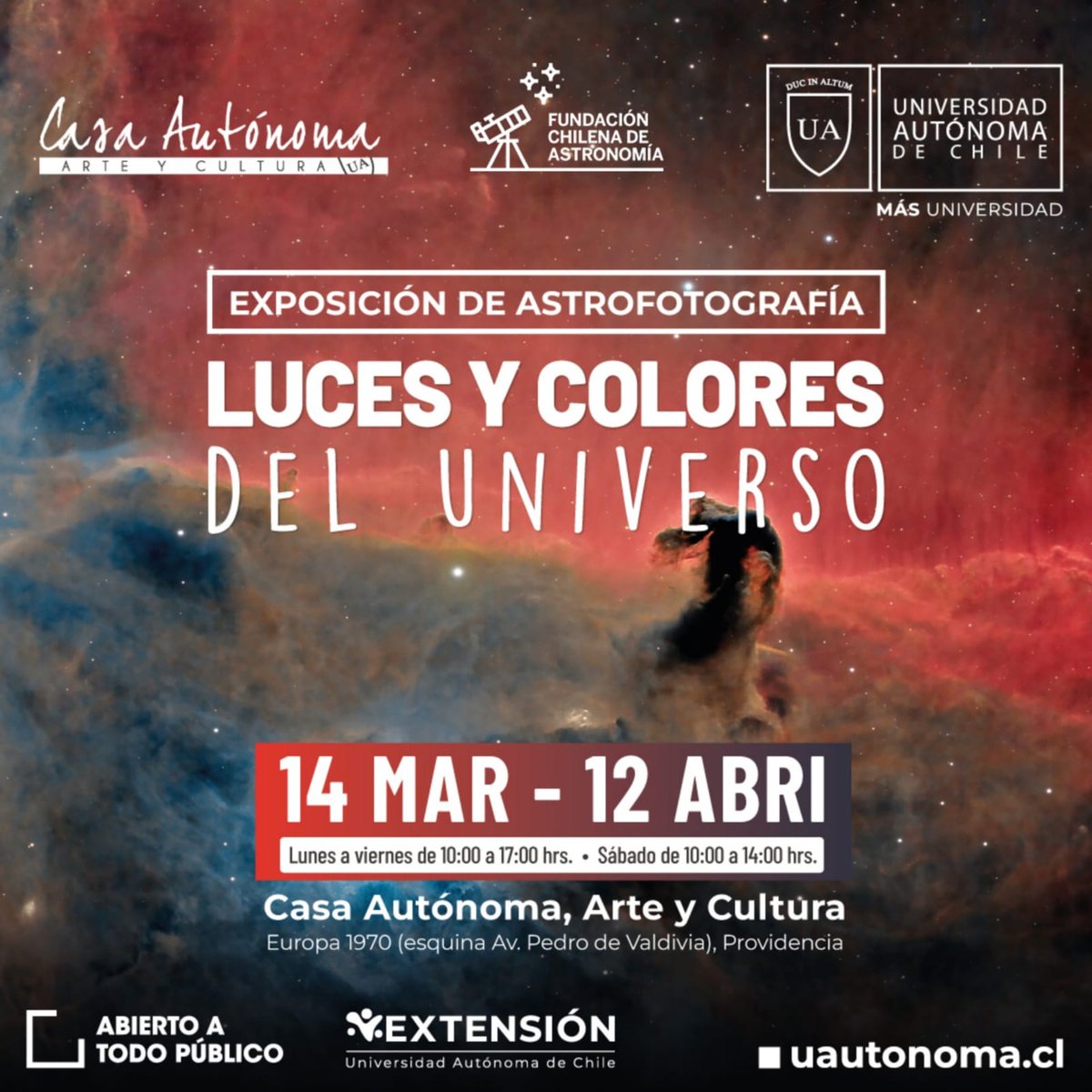 Te invitamos a la exposición de astrofotografía "Luces y Colores del Universo" con fotografías del astrofotógrafo <a href="/Alexis_jaldin/">Alexis_Jaldin</a> , a partir del 14 de marzo en la Casa Autónoma, en Providencia. Organiza la Fundación ChilenadeAstronomía <a href="/Fuchas_/">Fundación Chilena de Astronomía</a>  y la Universidad Autónoma de Chile.