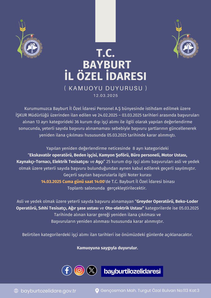 T.C. BAYBURT İL ÖZEL İDARESİ (Duyuru )📢