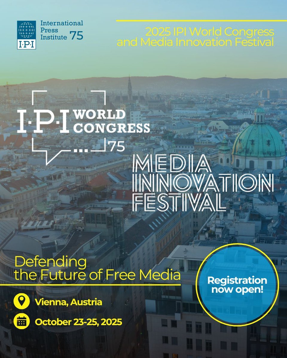 🎉Registration is now open! Get your early bird ticket for #IPIWoCo 🗓 23–25 Oct, Vienna.

🌐Join one of the biggest global gatherings of journalists, editors &amp; media leaders at the <a href="/globalfreemedia/">IPI - The Global Network for Independent Media</a> World Congress: "Defending the Future of Free Media”👉 buff.ly/aRIepPy