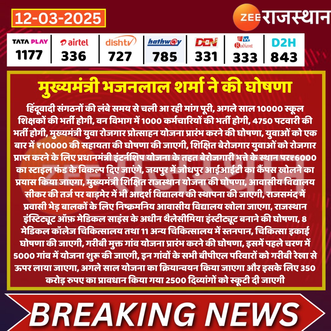 zeerajasthan_'s tweet photo. #Jaipur मुख्यमंत्री भजनलाल शर्मा ने की प्रमुख घोषणा

हिंदूवादी संगठनों की लंबे समय से चली आ रही मांग पूरी, अगले साल 10000 स्कूल शिक्षकों की भर्ती होगी, वन विभाग में 1000 कर्मचारियों की भर्ती होगी, 4750 पटवारी की भर्ती होगी, मुख्यमंत्री युवा रोजगार प्रोत्साहन योजना प्रारंभ करने की घोषणा...

@BJP4Rajasthan @BhajanlalBjp @INCRajasthan @shashimohan_s @VishnuRajasthan #Todaynews #LatestNews #RajasthanNews #RajasthanWithZee