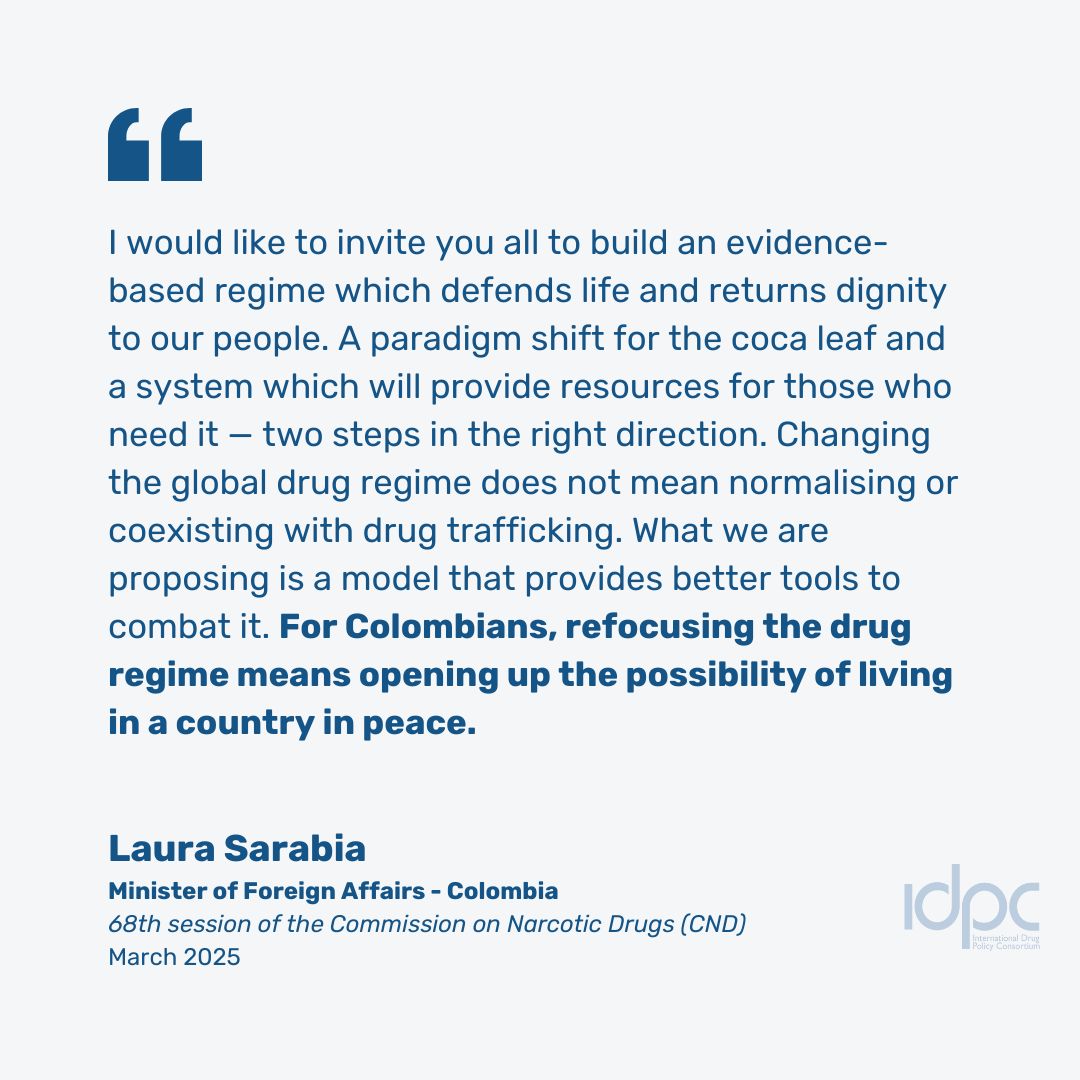 🇨🇴 Colombia proposes reviewing its multi-million contribution to UNODC to ensure resources 'go to where they're needed'.

Minister of Foreign Affairs, Laura Sarabia, urged the intn'l community to focus on peace 🕊️

Follow #CND68 debates at: cndblog.org