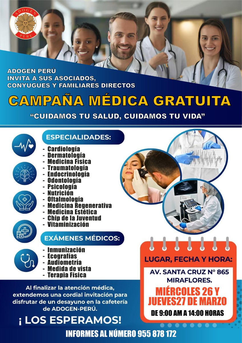 AdogenPeru's tweet photo. GRAN CAMAPAÑA DE SALUD PREVENTIVA GRATUITA https://t.co/p7n3QZXNBq