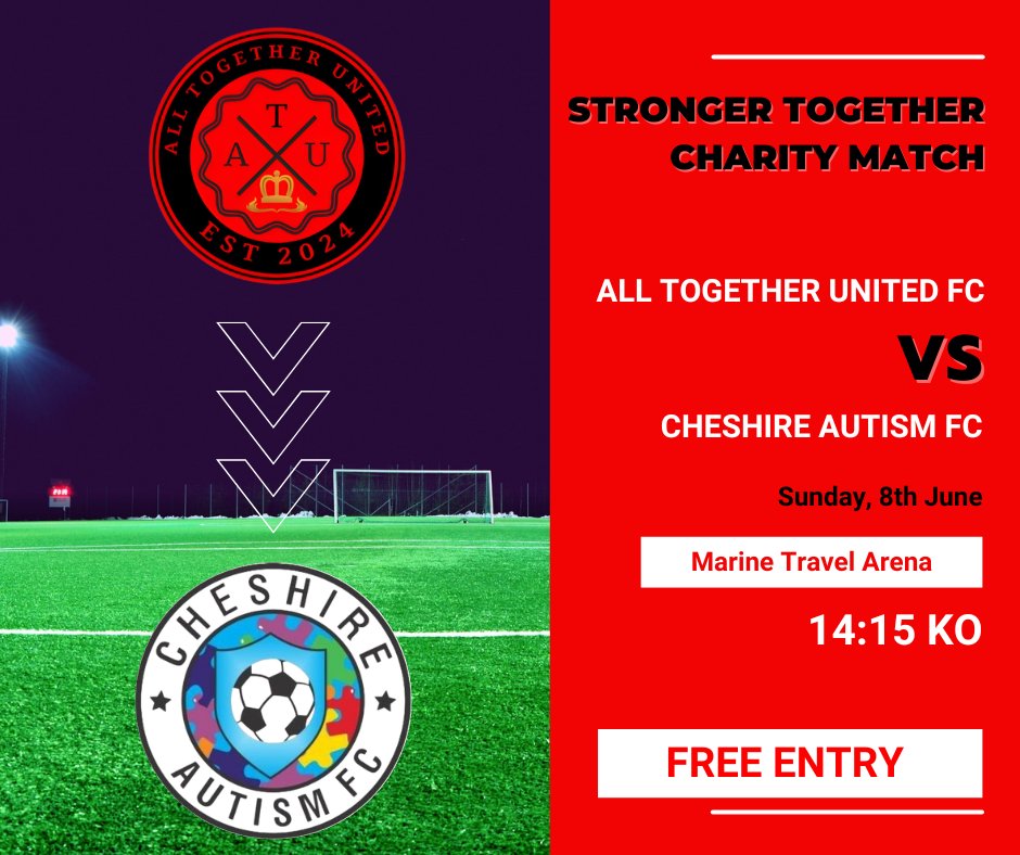 All Together United FC (@atu_fc) on Twitter photo On the 8th June 2025 we will be playing our Stronger Together Charity Match vs <a href="/CheshireAutisFC/">Cheshire Autism FC Est: 2021</a>
🏠- Marine Travel Arena - L23 3AS
🕑- Kick Off - 14:15
🎟️- Free Entry On the 8th June 2025 we will be playing our Stronger Together Charity Match vs <a href="/CheshireAutisFC/">Cheshire Autism FC Est: 2021</a>
🏠- Marine Travel Arena - L23 3AS
🕑- Kick Off - 14:15
🎟️- Free Entry