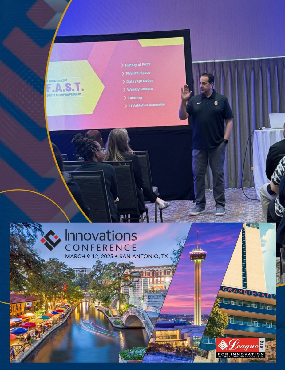 DeAnzaAthletics's tweet photo. @Coach_Dags &amp; division dean Dr. Eric Mendoza present at opening day of the @followtheleague national conference in San Antonio. The engaged audience learned about the equity-award winning @DALionsFootball FAST program and campus partnerships that contribute to student success. https://t.co/zzV5FmTuR7