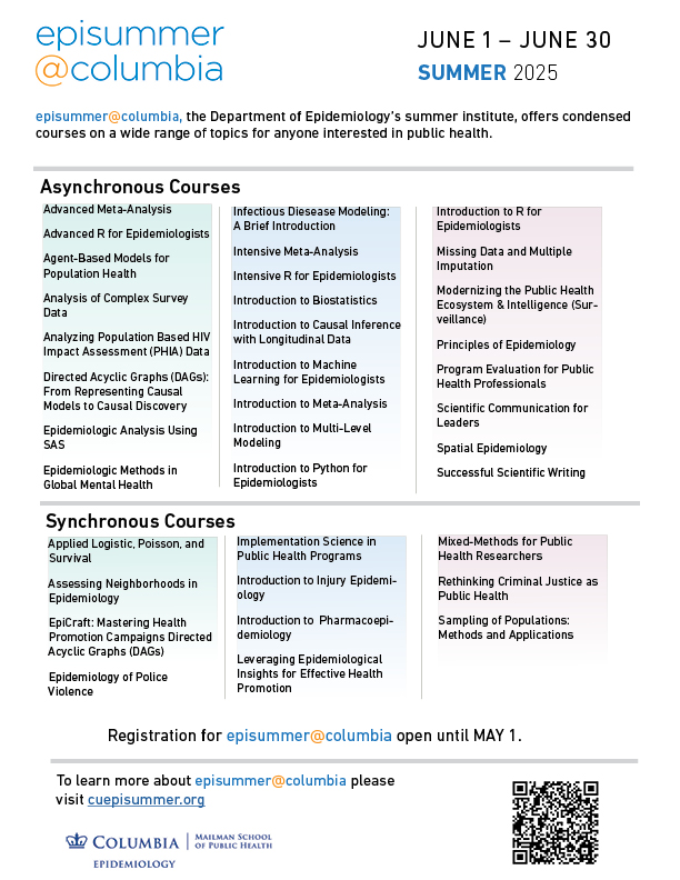 Registration is now open for the Dept of Epidemiology @ Columbia University Mailman School of Public Health's summer institute, episummer@columbia!
Find out more about episummer: bit.ly/Episummer2025i…
Peruse our June 2025 short courses: bit.ly/Episummer2025c…