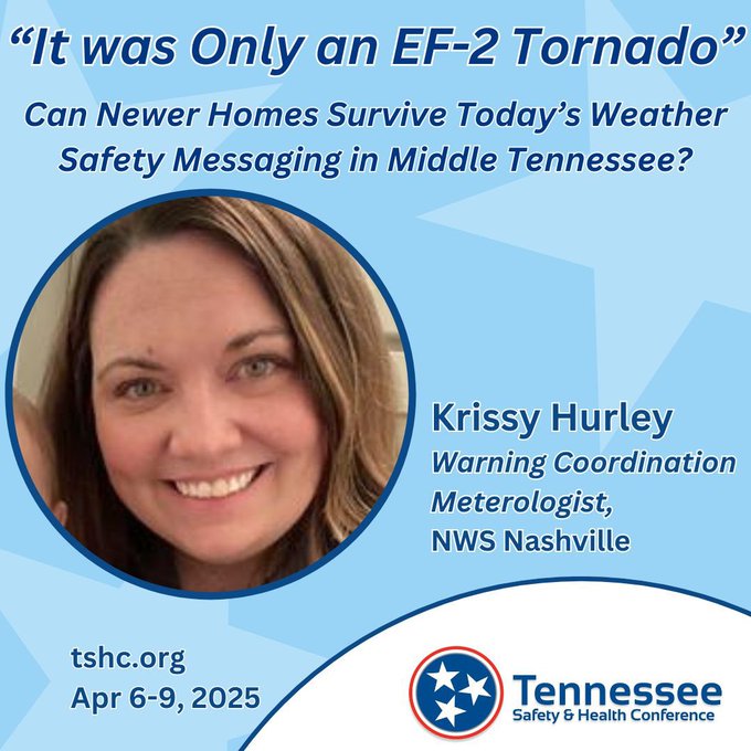 ⛈️Keep you and your employees safe! Severe weather safety starts here! 🌪️
➡️ Join Krissy Hurley, Warning Coordination Meteorologist at <a href="/NWSNashville/">NWS Nashville</a>, at #TSHC2025!

📅 April 6-9, 2025
📍 Gaylord Opryland, Nashville

Register now! 👉 TSHC.org @TNSafety