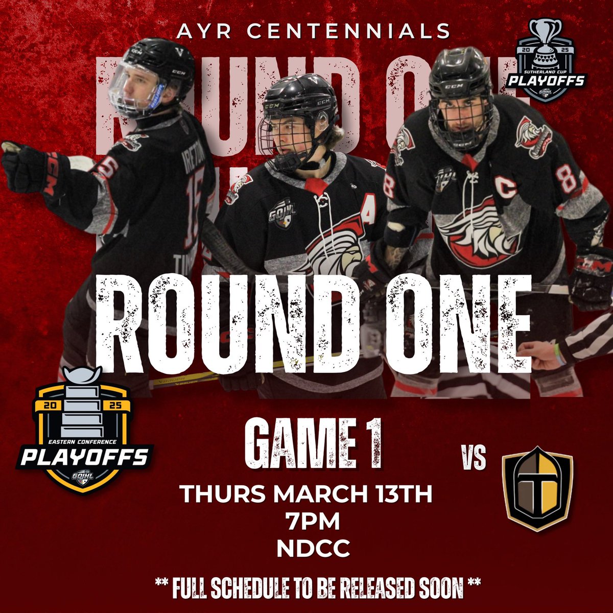 Are you Ready CENSNATION??

It’s playoff time for our <a href="/AyrCentennials/">Ayr Centennials</a> 

The CENS are ready to take in the Titans in Round 1 of @GOJHL Playoffs .

Details of the 1st game :

📅 March 13 2025
📍NDCC
⏰7:00pm 
📽️ <a href="/519sportsonline/">519 Sports Online</a> 
📱@GOJHL App
💻 <a href="/FloHockey/">FloHockey</a> 

Go Cens Go!!