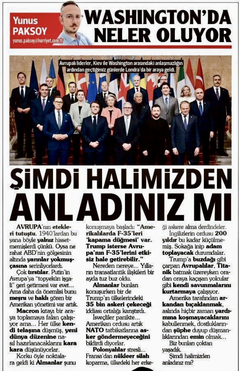 ŞİMDİ HALİMİZDEN ANLADINIZ MI

Avrupa’nın etekleri tutuştu. 1940’lardan bu yana böyle yalnız hissetmemişlerdi çünkü. Oysa ne rahat ABD’nin gölgesinin altında yarınlar yokmuşçasına serinliyorlardı.

Çok tırstılar. Putin’in Avrupa’ya “topyekûn işgali” geri getirmesi var evet... Ama