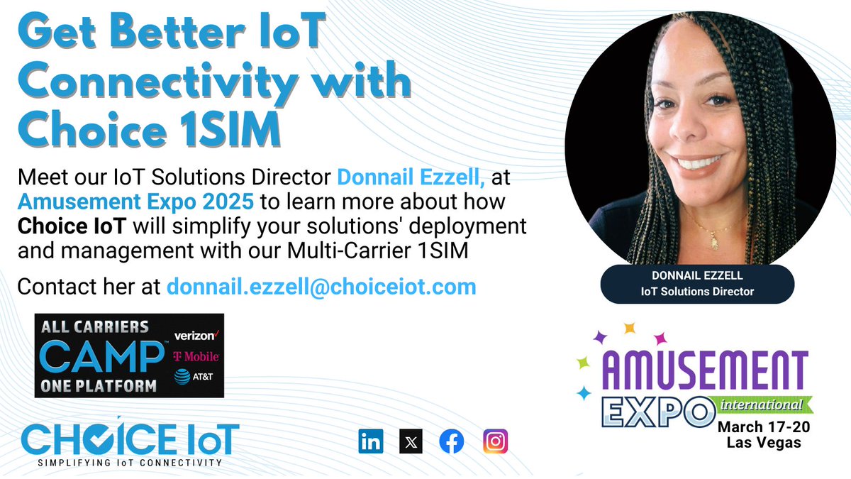 Get better IoT Connectivity with our multi-carrier 1SIM!
<a href="/ChoiceIoT/">Choice IoT</a> will be attending #AmusementExpo 2025. Meet us at the expo to learn about our 1SIM.
#tmobile #verizon #att #4G #LTE #5G #multicarriersim #iotsim #choiceiot