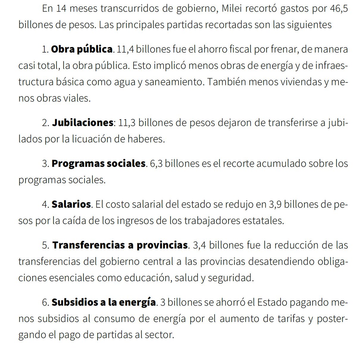 Acá va el detalle de los principales recortes en términos reales y a pesos de hoy, elaborado por el <a href="/MatEconomia/">Mirador de Actualidad del Trabajo y la Economía</a> sobre datos oficiales del <a href="/MinEconomia_Ar/">Ministerio de Economía</a> y el <a href="/INDECArgentina/">INDEC Argentina</a>.