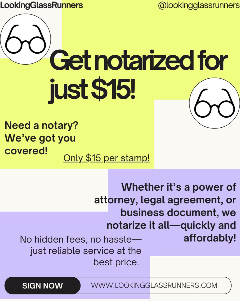 lookingglassrun's tweet image. Need a notary? We’ve got you covered! 📜 Whether it’s a power of attorney, legal agreement, or business document, we notarize it all—quickly and affordably! #StampOfApproval #NotaryMadeSimple #EasyNotary #LegalSimplified #NotaryNearMe #SignAndSeal #AffordableNotary #NotaryPublic