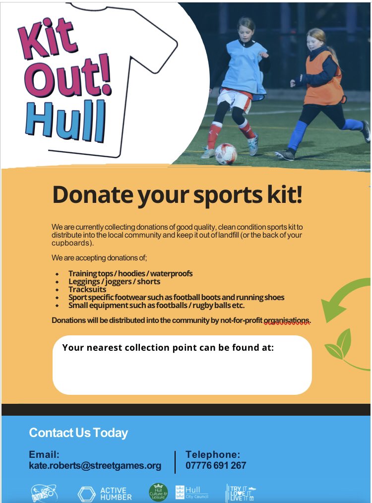 StreetGamesYorkshire (@sgyorkshire) on Twitter photo A huge thank you to everyone who is collecting for Kit Out Hull again this year!
So grateful for everyoneโs generosity.
Kit will be distributed to through our locally trusted organisation network ahead of the Easter <a href="/Healthyholshull/">Healthy Holidays Hull</a> programme โฝ๏ธ๐๐ธ๐ฅโน๏ธโโ๏ธ A huge thank you to everyone who is collecting for Kit Out Hull again this year!
So grateful for everyoneโs generosity.
Kit will be distributed to through our locally trusted organisation network ahead of the Easter <a href="/Healthyholshull/">Healthy Holidays Hull</a> programme โฝ๏ธ๐๐ธ๐ฅโน๏ธโโ๏ธ