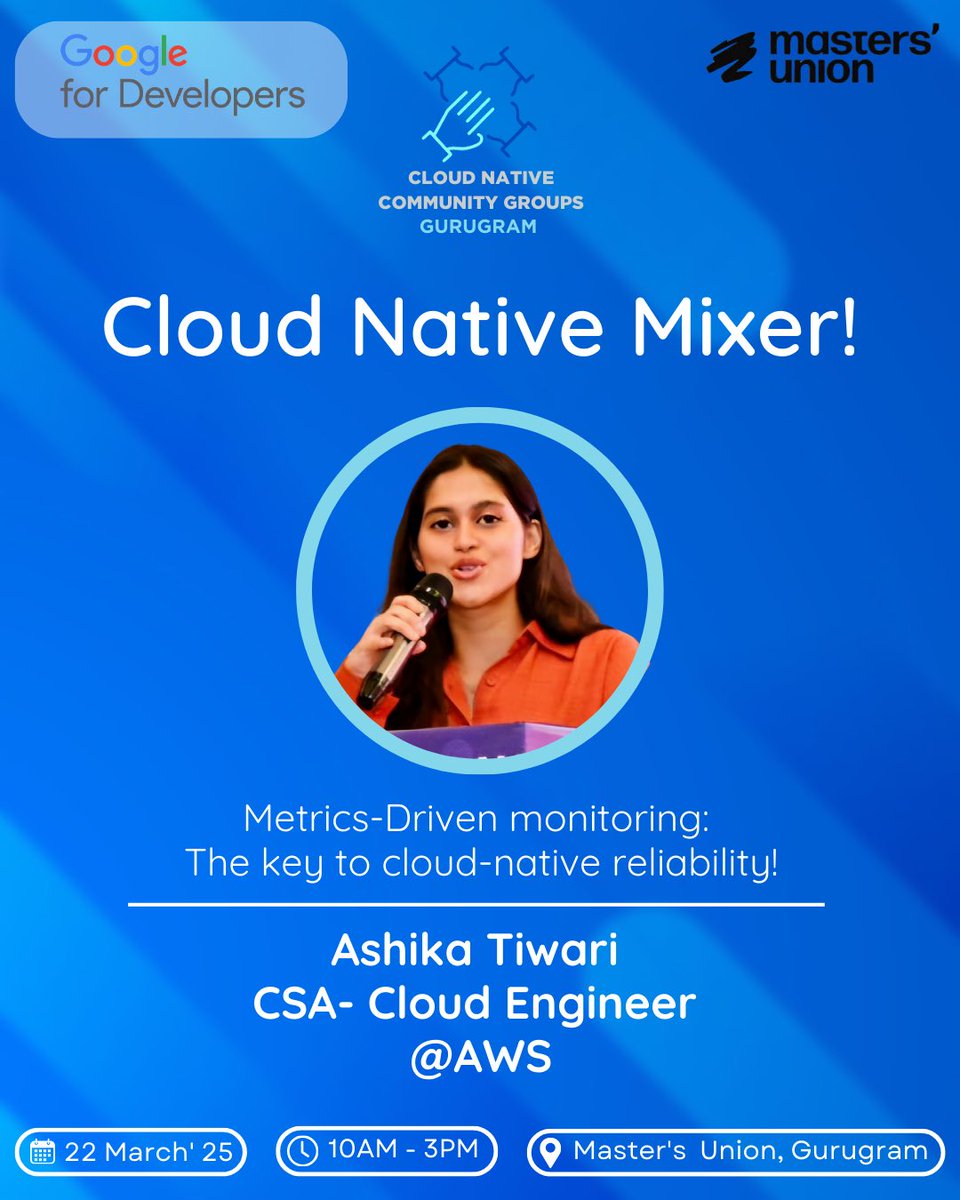 Cloud Native Gurugram presents “Metrics-Driven Monitoring” with Anshika Tiwari (DevOps @ AWS)! Learn how real-time metrics ensure cloud reliability with AWS, Kubernetes &amp; Prometheus.

📅 22nd March 2025 | Community Mixer 🚀 Don’t miss it!

It needs to be this lengh for twitter