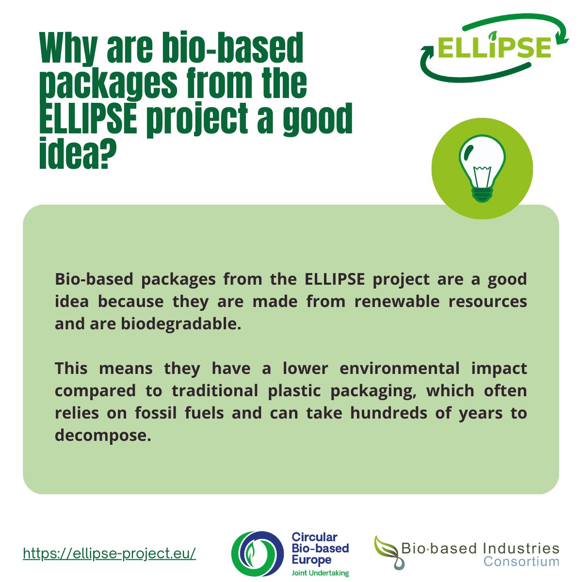 ELLIPSE Project (@ellipse_project) on Twitter photo Seventh piece of the #RunningintheELLIPSE campaign!
Why are bio-based #packages from the a good idea?♻️
<a href="/CBE_JU/">Circular Bio-based Europe Joint Undertaking</a> <a href="/biconsortium/">Bio-based Industries Consortium</a> <a href="/HorizonEU/">Horizon Europe 🇪🇺</a> <a href="/aimplas/">AIMPLAS</a>
<a href="/BioBaseEuropePP/">Bio Base Europe PP</a> <a href="/mi_sustainable/">Bio-Mi Sustainable Solutions</a> <a href="/Novamont/">Novamont</a>
<a href="/CARTIFCT/">CARTIF</a> <a href="/EngineeringZer0/">ZER0-E Engineering</a> <a href="/UniVerona/">Università di Verona</a> <a href="/ENCOsrl/">ENCO srl</a>
<a href="/GreenGenIreland/">Green Generation</a> <a href="/Novamont_Iberia/">Novamont Iberia</a> Seventh piece of the #RunningintheELLIPSE campaign!
Why are bio-based #packages from the a good idea?♻️
<a href="/CBE_JU/">Circular Bio-based Europe Joint Undertaking</a> <a href="/biconsortium/">Bio-based Industries Consortium</a> <a href="/HorizonEU/">Horizon Europe 🇪🇺</a> <a href="/aimplas/">AIMPLAS</a>
<a href="/BioBaseEuropePP/">Bio Base Europe PP</a> <a href="/mi_sustainable/">Bio-Mi Sustainable Solutions</a> <a href="/Novamont/">Novamont</a>
<a href="/CARTIFCT/">CARTIF</a> <a href="/EngineeringZer0/">ZER0-E Engineering</a> <a href="/UniVerona/">Università di Verona</a> <a href="/ENCOsrl/">ENCO srl</a>
<a href="/GreenGenIreland/">Green Generation</a> <a href="/Novamont_Iberia/">Novamont Iberia</a>