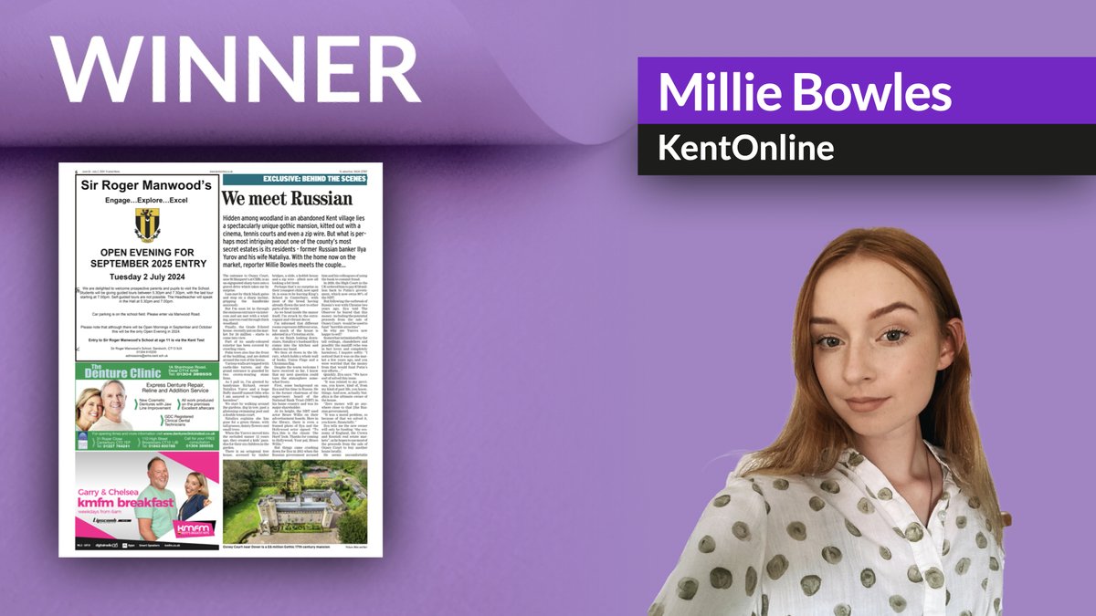 Congratulations to <a href="/BowlesMbowles/">Millie Bowles</a> at <a href="/Kent_Online/">KentOnline</a> for being awarded winner of Cathryn Nicholl Award at the #RegionalPressAwards2025