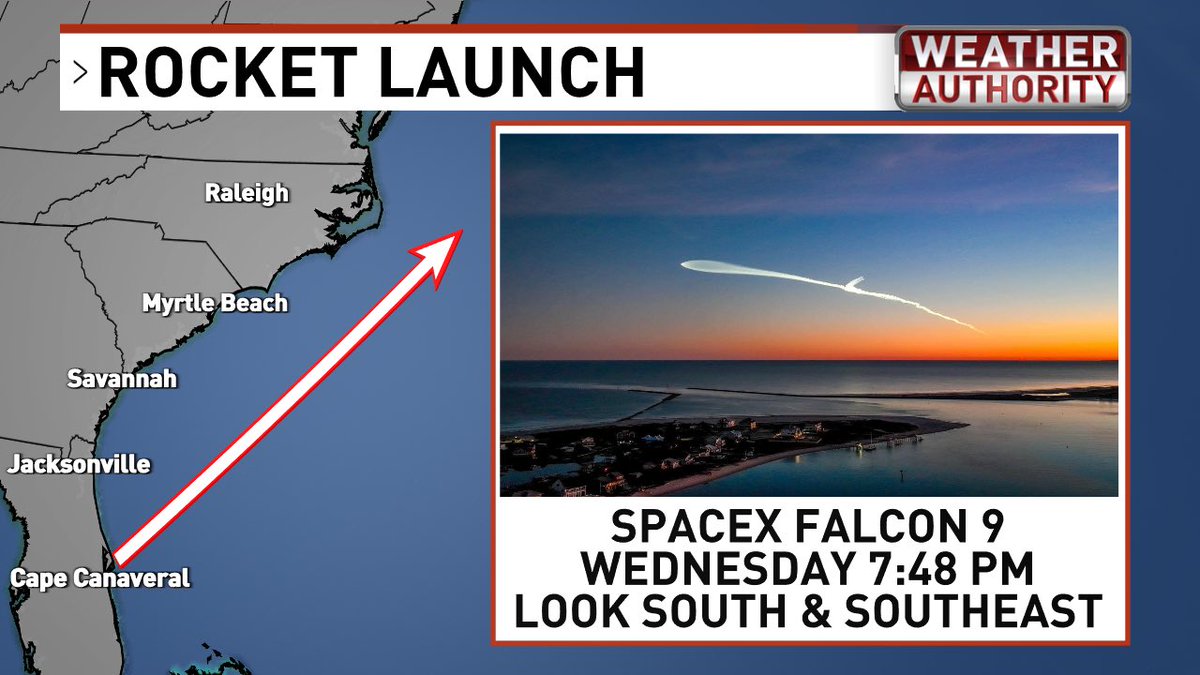 EdPiotrowski's tweet photo. Heads up! SpaceX plans to launch Falcon9 into space with Crew-10 this evening at 7:48 pm (27 minutes after sunset) and the trajectory is up the southeast coast. If the launch isn’t delayed too long or scrubbed, the vapor trail should be easy to see and vivid. It’s worth a venture outdoors for sure! 

Why will the rocket's exhaust plume be so bright? While it will be fairly dark at the ground, the rocket will be at an altitude (40-50 miles high) where the sun is still out so it illuminates the expanding exhaust plume just perfectly to create the brilliant light. It may look like a cosmic squid! 🚀🦑