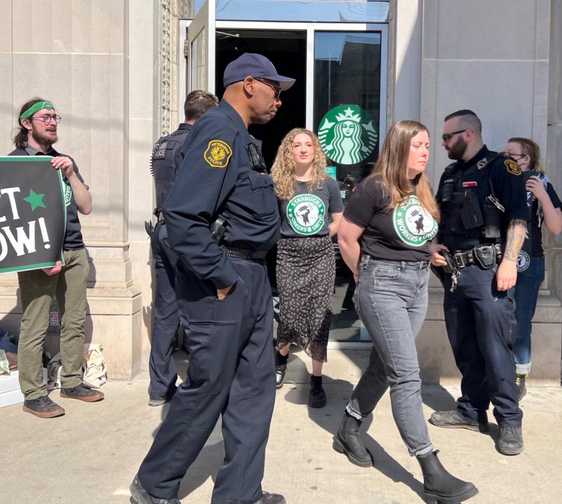 Workers at multiple Starbucks locations across the country went on strike yesterday, walking out in protest of management's refusal to negotiate a fair union contract with <a href="/SBWorkersUnited/">Starbucks Workers United</a>. In some cases, the police were called and striking workers were arrested.