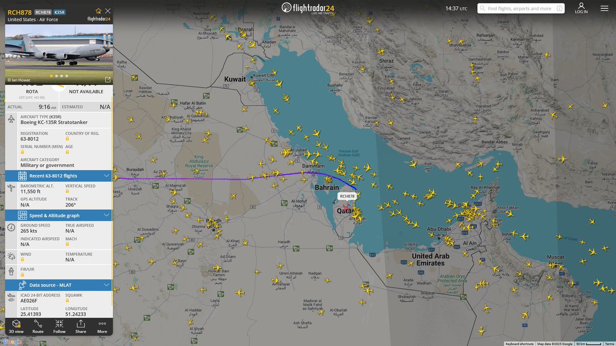 AIYeyENGDdJkjTr's tweet photo. Mar. 12, 2025
#Beale Air Force Base, CA #Rota Naval Air Station ==> #Al-Udeid Air Base
#RCH878 #AE026F USAF KC-135R Stratotanker https://t.co/pnIaRaT9BG