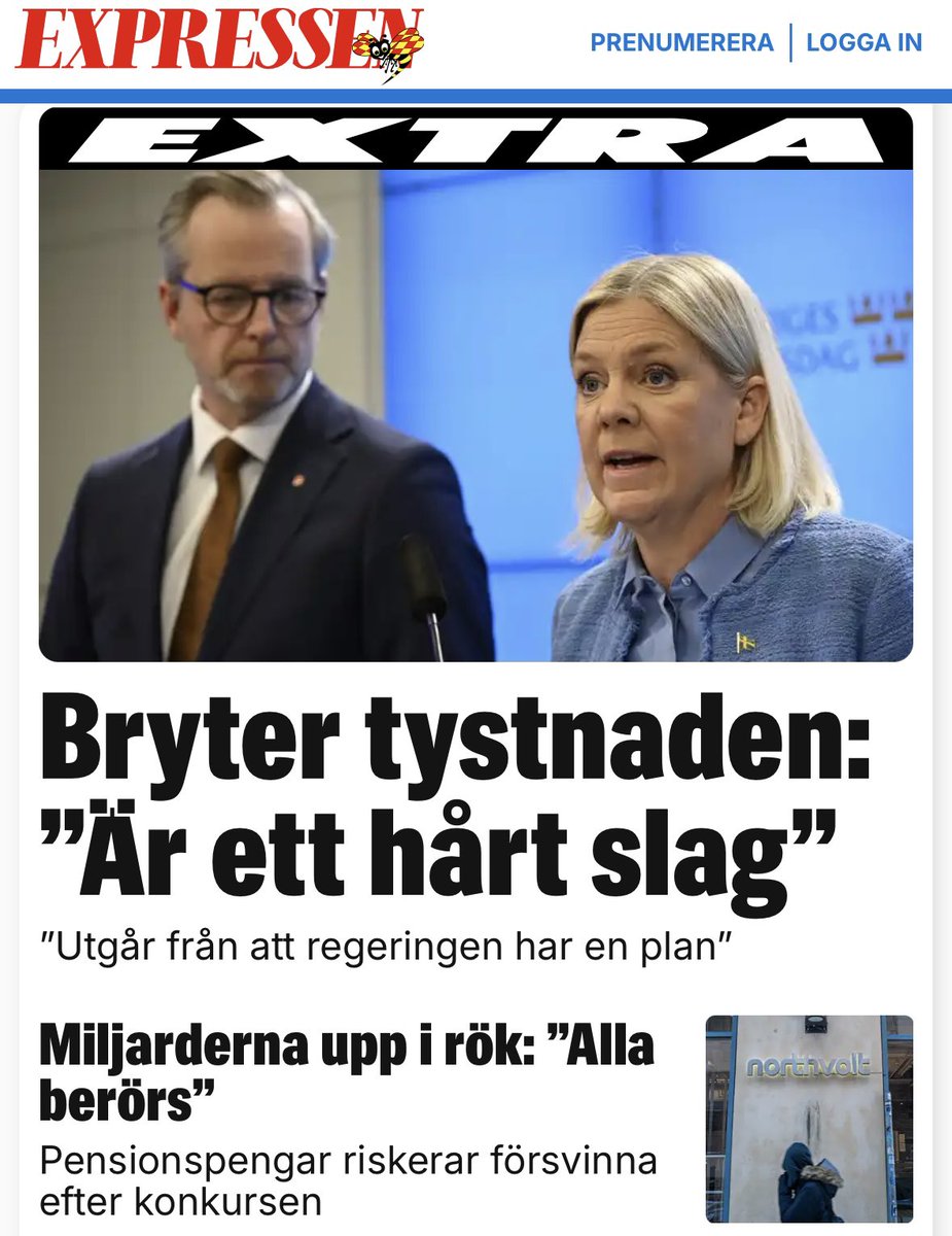 RichardJomshof's tweet photo. ”Jag utgår från att regeringen har en plan”, säger Magdalena Andersson i en kommentar med anledning av Northvolts konkurs. Vi ska dock komma ihåg att huvudansvaret för eländet ligger hos just Socialdemokraterna, även om de själva förtvivlat försöker hävda motsatsen. Det är som vanligt alltid någon annans fel när Socialdemokraterna gör bort sig, igen och igen.