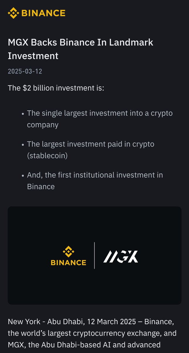 🔵 - MTC - "Binance e MGX: Un Investimento da 20 Milliardi di Dollari che Rinnova l'Interesse per le Criptovalute"