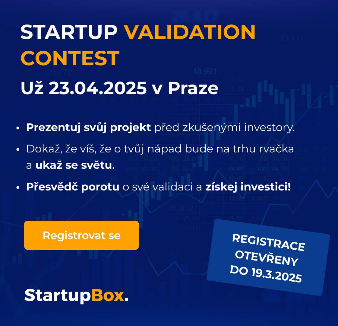 [CZE] Máš startup? Chceš ho ukázat světu a získat pozornost investorů? Přihlas se do Startup Validation Contest od StartupBoxu, který se uskuteční 23. dubna u nás v Appliftingu! Přihlášku pošli do 19. 3., ať máš jistý místo. 👉 startupbox.cz/validation-con…