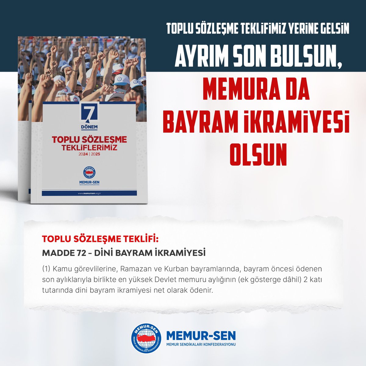 Ayrım Son Bulsun, Memurun Da Bayram İkramiyesi Olsun !

Yarın TBMM Plan ve Bütçe Komisyonu’nda emeklilerin bayram ikramiyesinin 3 Bin TL’den 4 Bin TL’ye yükseltilmesine yönelik Kanun Teklifi görüşülecek. 

Memur-Sen olarak; 4. Dönem Toplu Sözleşme görüşmelerinde (henüz emeklilere