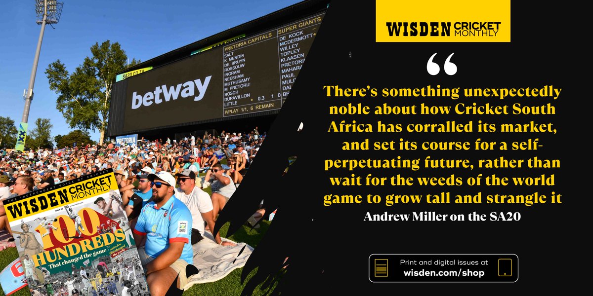 Wisden (@wisdencricket) on Twitter photo In this month's edition of Wisden Cricket Monthly, regular columnist <a href="/miller_cricket/">Andrew Miller</a> writes on the latest edition of the SA20 as a new highlight of the winter franchise action.
Get the latest mag via these links⬇️
PRINT | wisden.com/shop/wisden-cr…
DIGI | shorturl.at/8asLN In this month's edition of Wisden Cricket Monthly, regular columnist <a href="/miller_cricket/">Andrew Miller</a> writes on the latest edition of the SA20 as a new highlight of the winter franchise action.
Get the latest mag via these links⬇️
PRINT | wisden.com/shop/wisden-cr…
DIGI | shorturl.at/8asLN