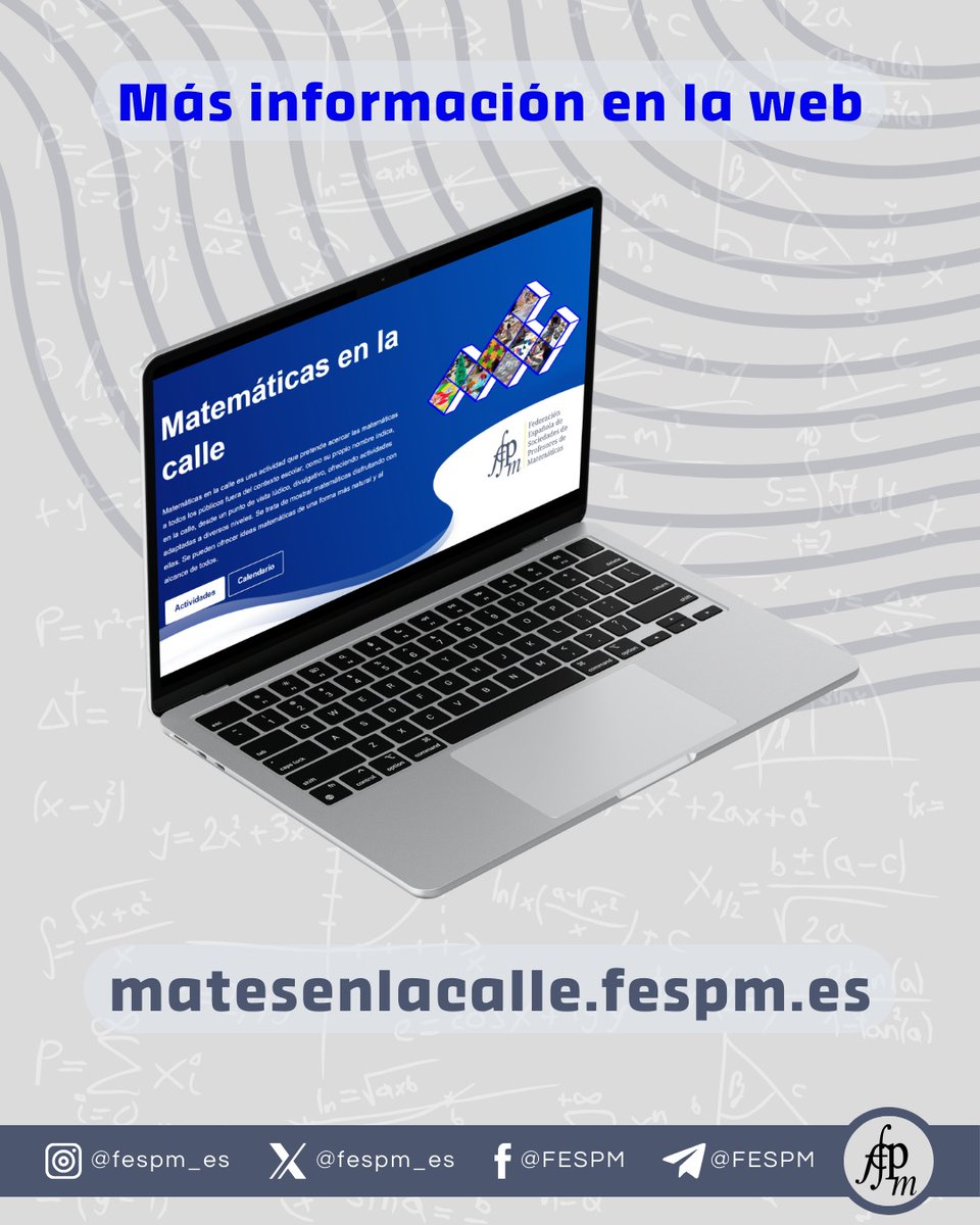 FESPM (@fespm_es) on Twitter photo 🧩 Matemáticas en la Calle es una actividad que pretende acercar las matemáticas a todos los públicos.
🗓 Durante los próximos meses, Matemáticas en la Calle se celebrará en multitud de ciudades en todas las comunidades.
🔎 Más información en matesenlacalle.fespm.es 🧩 Matemáticas en la Calle es una actividad que pretende acercar las matemáticas a todos los públicos.
🗓 Durante los próximos meses, Matemáticas en la Calle se celebrará en multitud de ciudades en todas las comunidades.
🔎 Más información en matesenlacalle.fespm.es