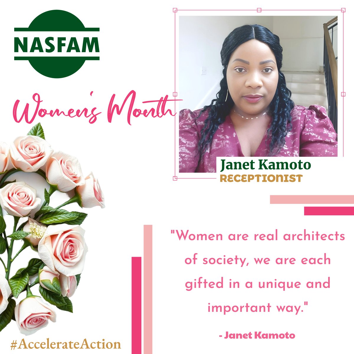 🌸 𝑪𝒆𝒍𝒆𝒃𝒓𝒂𝒕𝒊𝒏𝒈 𝑾𝒐𝒎𝒆𝒏'𝒔 𝑴𝒐𝒏𝒕𝒉 𝒘𝒊𝒕𝒉 𝑵𝑨𝑺𝑭𝑨𝑴!🌸 

This evening, we spotlight Janet Kamoto, NASFAM’s Receptionist, who believes that women are the true architects of society. 

#IWD2025 #NASWomen #WomenAtWork #EmpoweredWomenEmpowerWomen