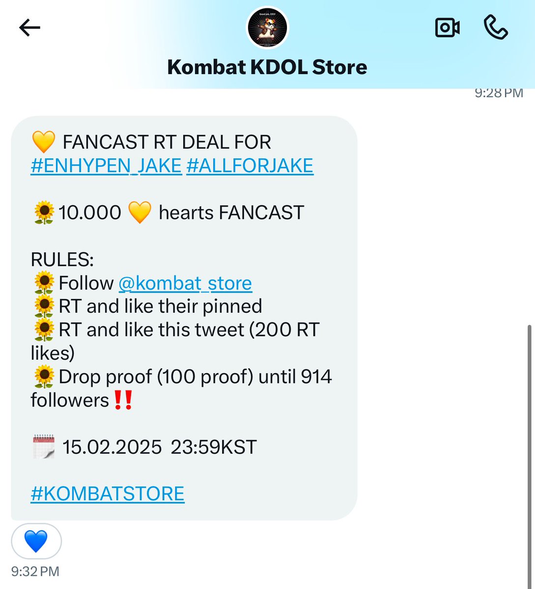 dani 🍒 (@naneun_cheli) on Twitter photo 💛 FANCAST RT DEAL FOR #ENHYPEN_JAKE #ALLFORJAKE
🌻10.000 💛 hearts FANCAST
RULES:
🌻Follow <a href="/kombat_store/">Kombat KSeoul Store</a>
🌻RT and like their pinned
🌻RT and like this tweet (200 RT likes)
🌻Drop proof (100 proof) until 914 followers‼️
🗓️ 15.02.2025 23:59KST
#KOMBATSTORE 💛 FANCAST RT DEAL FOR #ENHYPEN_JAKE #ALLFORJAKE
🌻10.000 💛 hearts FANCAST
RULES:
🌻Follow <a href="/kombat_store/">Kombat KSeoul Store</a>
🌻RT and like their pinned
🌻RT and like this tweet (200 RT likes)
🌻Drop proof (100 proof) until 914 followers‼️
🗓️ 15.02.2025 23:59KST
#KOMBATSTORE