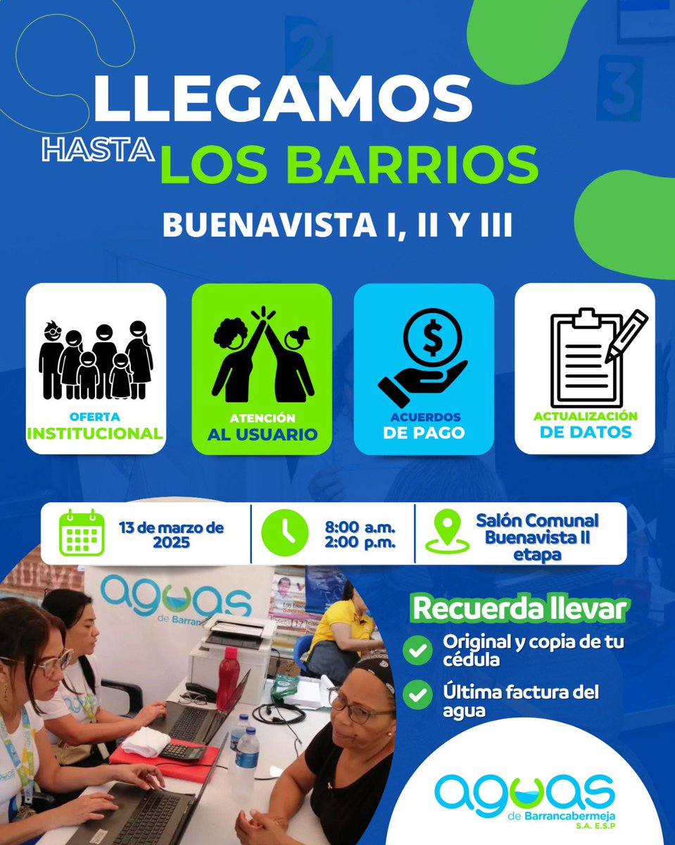 Este 13 de marzo estaremos en la Comuna 4 con una jornada especial para ti, tendremos:

✅ Atención al usuario
✅ Acuerdos de pago
✅ Actualización de datos

📍 Lugar: Salón Comunal Buenavista II Etapa
⏰ Hora: 8:00 a.m. - 2:00 p.m.