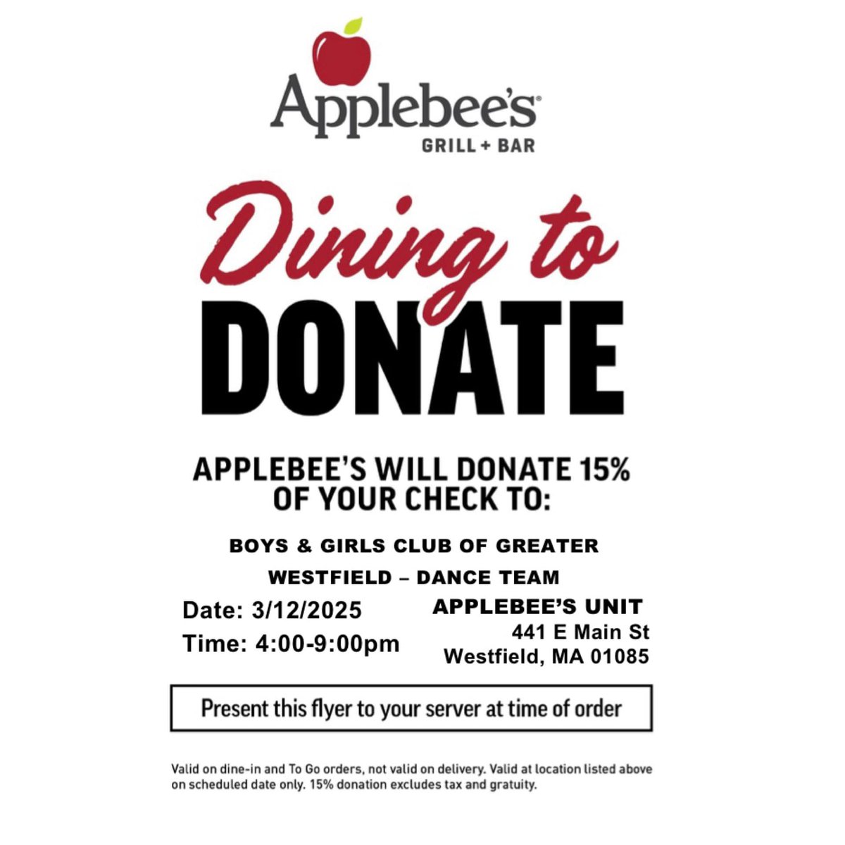 bgcwestfield's tweet photo. If you need dinner ideas tonight, then come down to Applebee's and support our Dance Team! We will be there between 4pm-9pm. https://t.co/UulkQIR5zM