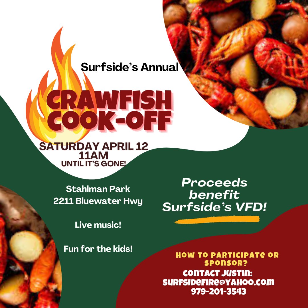 April is just around the corner! The Surfside Beach Volunteer Fire Department Crawfish Cook-off Fundraiser will surely be a huge success again this year, so don't wait to book your rental!