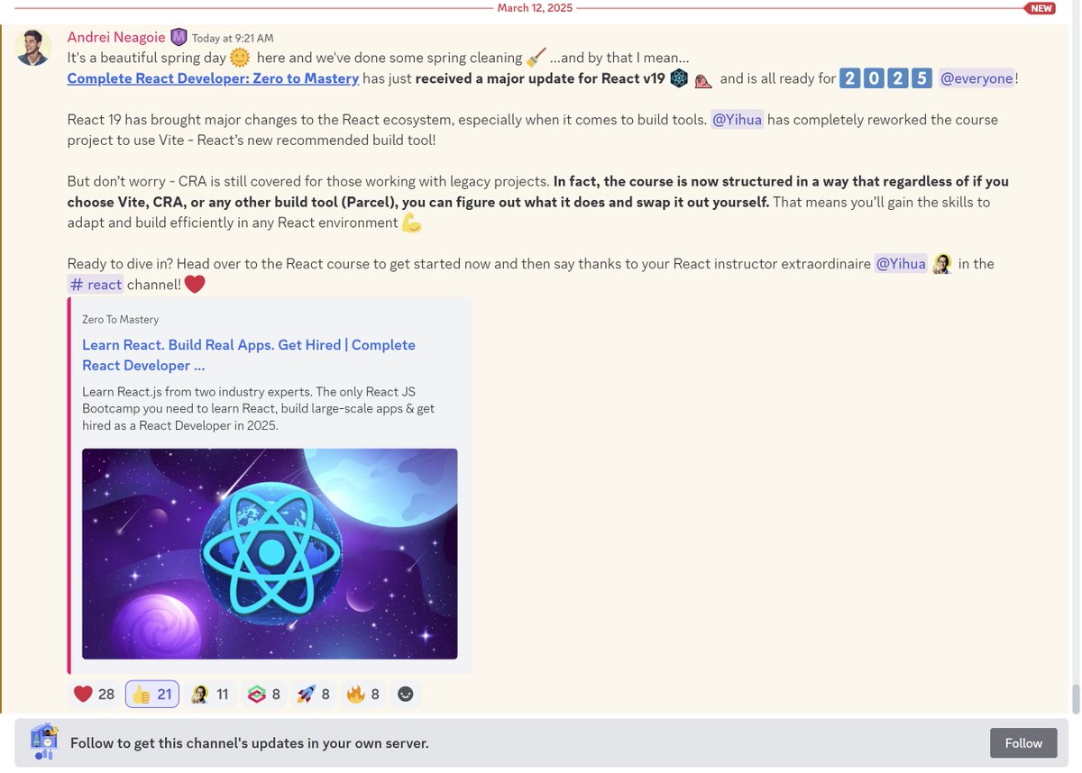 Zero To Mastery (@zerotomasteryio) on Twitter photo Our React Bootcamp is now updated for React v19 💪
Thanks <a href="/SlingingKeys/">Yihua Zhang</a> and <a href="/AndreiNeagoie/">Andrei Neagoie</a> for always keeping those courses up-to-date (unlike many other places we know)!
zerotomastery.io/courses/learn-… Our React Bootcamp is now updated for React v19 💪
Thanks <a href="/SlingingKeys/">Yihua Zhang</a> and <a href="/AndreiNeagoie/">Andrei Neagoie</a> for always keeping those courses up-to-date (unlike many other places we know)!
zerotomastery.io/courses/learn-…