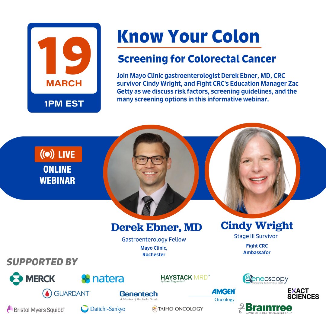 Fight Colorectal Cancer (@fightcrc) on Twitter photo Don't know where to begin with #ColorectalCancer screening? We can help! Join <a href="/MayoClinic/">Mayo Clinic</a> gastroenterologist <a href="/DerekEbnerMD/">Derek Ebner M.D.</a> and stage III #ColonCancer survivor Cindy Wright on March 19 at 1pm ET for an insightful webinar focusing on different screening options, risk factors, and Don't know where to begin with #ColorectalCancer screening? We can help! Join <a href="/MayoClinic/">Mayo Clinic</a> gastroenterologist <a href="/DerekEbnerMD/">Derek Ebner M.D.</a> and stage III #ColonCancer survivor Cindy Wright on March 19 at 1pm ET for an insightful webinar focusing on different screening options, risk factors, and