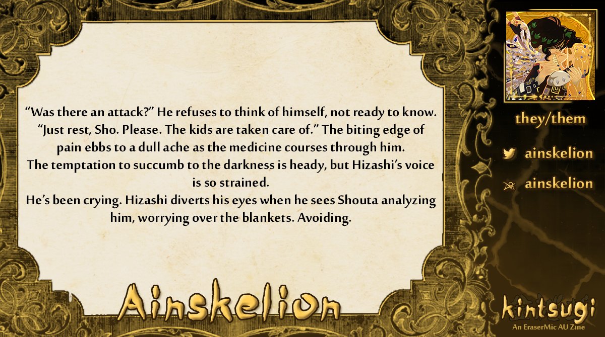 💫🖤A TRAVELER APPEARS💛♾️

Here to skillfully string us along through time and space, with their words and pace, while forcing us through an entire spectrum of emotion along the way, is <a href="/ainskelion/">Ain 🔞🏳️‍🌈🏳️‍⚧️ | Writing pron probably</a> ! And we can’t wait to see just where their piece takes us in Kintsugi.