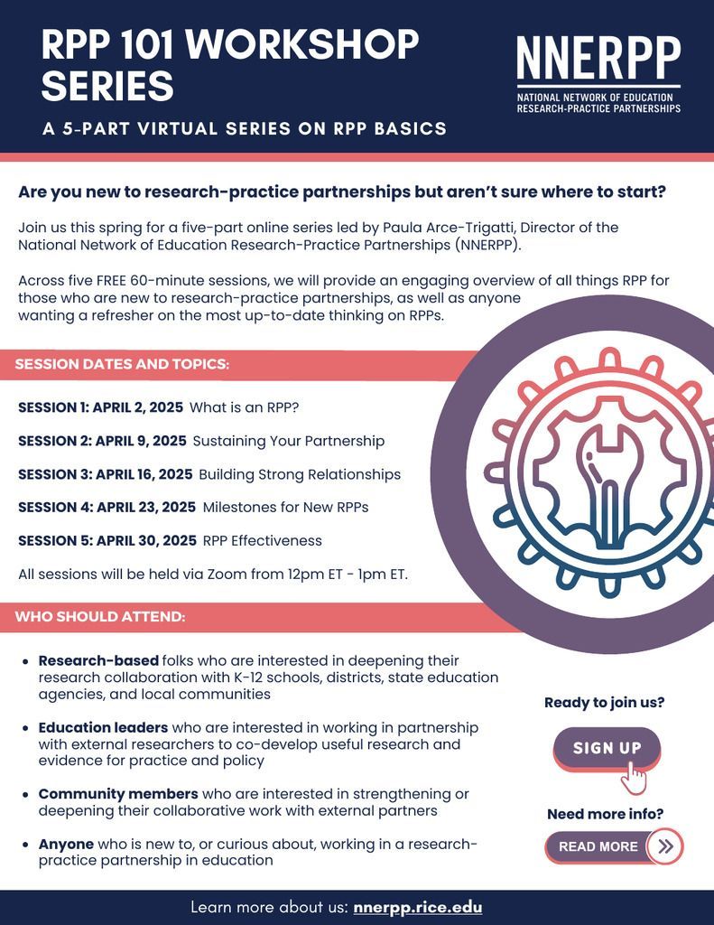 You can still sign up to join us for our FREE RPP 101 series! Designed for anyone new to research-practice partnerships or wanting a refresher, this series provides an engaging overview of all-things-RPPs. Starts April 2nd! More info + registration here: buff.ly/rjL9TAZ